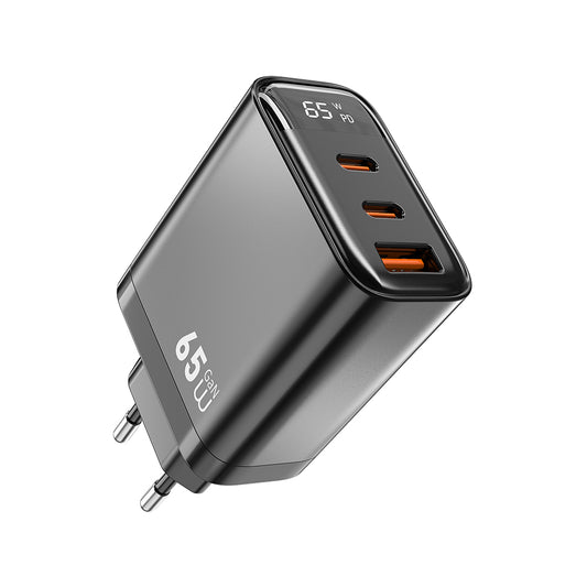 Wiwu Wi-G012 Firefly Series Dual Type-C PD &amp; USB-A GaN Technology Fast Charging Head 65W Black 