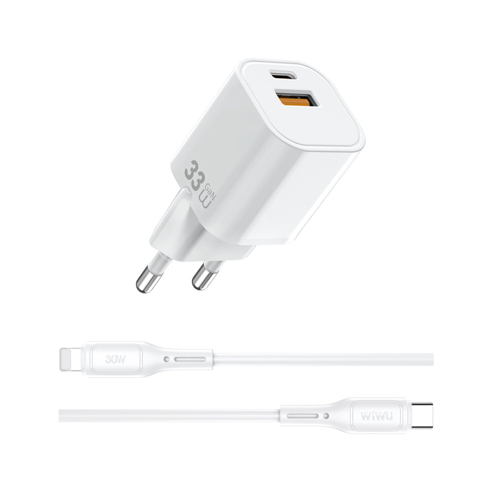 Wiwu Wi-G018 Cube Serisi Type-C to Lightning GaN Tech PD Hızlı Şarj Özellikli Kablolu Şarj Seti 33W Beyaz
