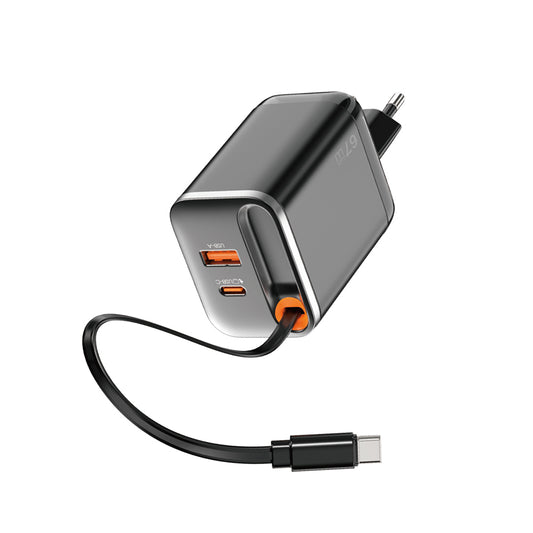 Wiwu Wi-G020 Helix Serisi GaN Teknolojili Hızlı Şarj Başlığı USB-A to Type-C PD 65W Type-C Kablolu Şarj Seti Siyah