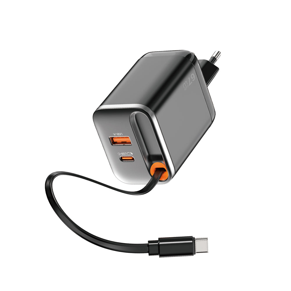 Wiwu Wi-G020 Helix Serisi GaN Teknolojili Hızlı Şarj Başlığı USB-A to Type-C PD 67W Type-C Kablolu Şarj Seti