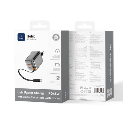 Wiwu Wi-G021 Helix Serisi GaN Teknolojili Hızlı Şarj Başlığı USB-A to Type-C PD 45W Type-C Kablolu Şarj Seti Siyah