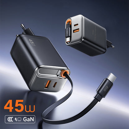 Wiwu Wi-G021 Helix Serisi GaN Teknolojili Hızlı Şarj Başlığı USB-A to Type-C PD 45W Type-C Kablolu Şarj Seti Siyah
