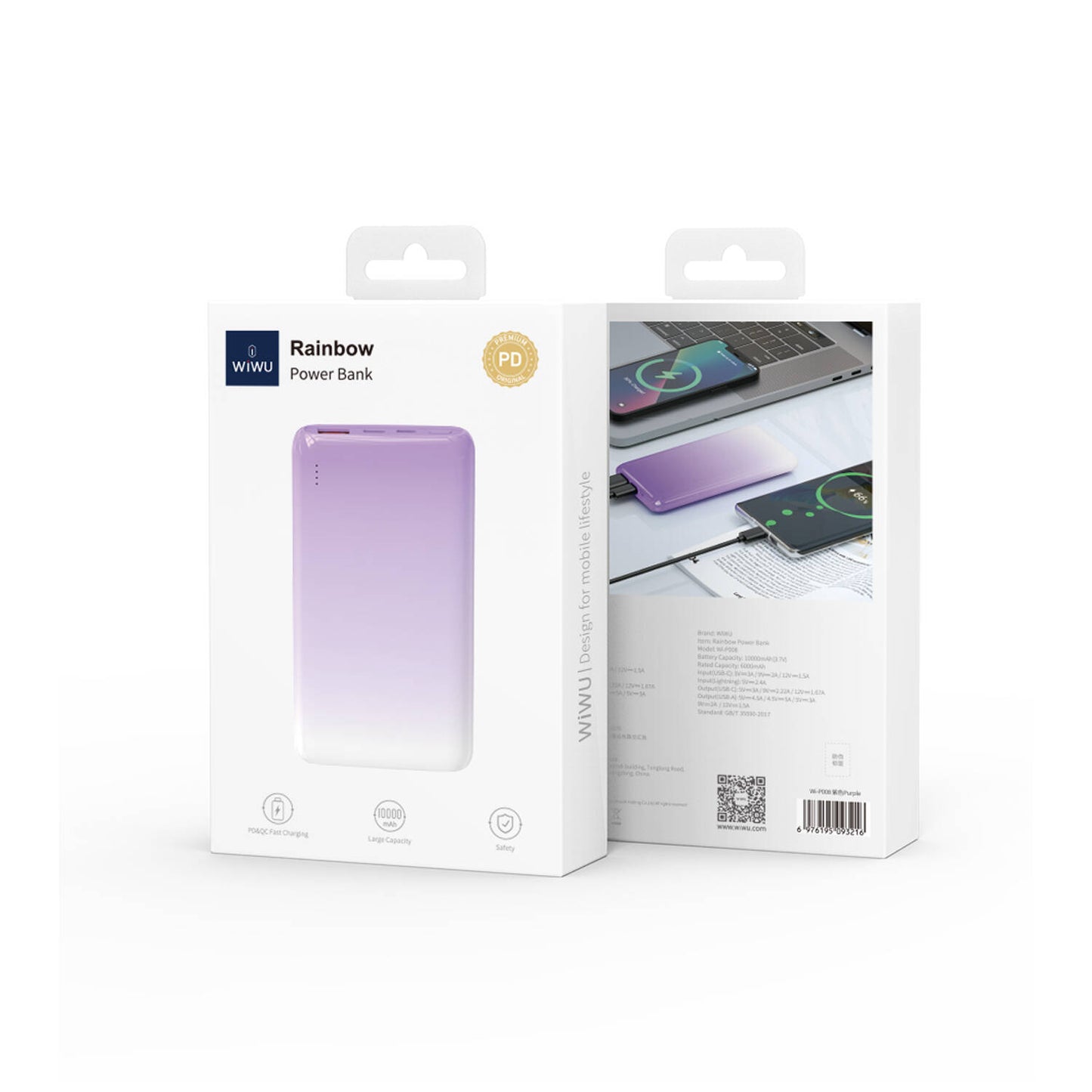 Wiwu Wi-P008 Rainbow LED Işıklı Göstergeli Renkli Taşınabilir Powerbank PD 22.5W 10000mAh Mor