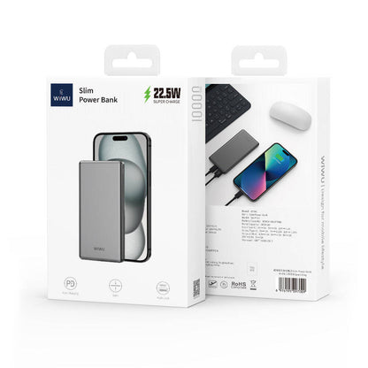 Wiwu Wi-P013 Slim Serisi LED Işık Göstergeli Ultra İnce Taşınabilir Powerbank 10000mAh 22.5W Gri