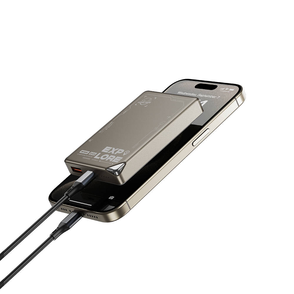 Wiwu Wi-P020 Ultra-Thin Explore Serisi Led Göstergeli Wireless M-safe Powerbank 15W 10000mAh Titanyum-Gold