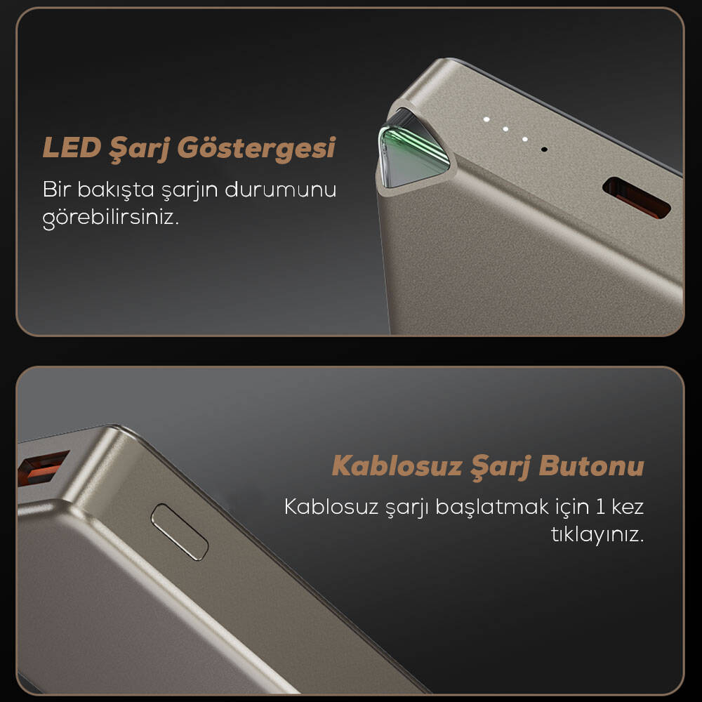 Wiwu Wi-P020 Ultra-Thin Explore Serisi Led Göstergeli Wireless M-safe Powerbank 15W 10000mAh Titanyum-Gold