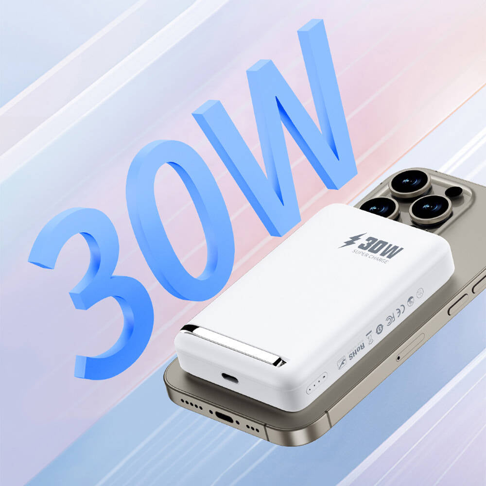 Wiwu Wi-P031 Qi2 Şarj Teknolojili LED Işık Göstergeli Standlı 30W Taşınabilir M-safe Wireless Powerbank 10.000mAh Beyaz