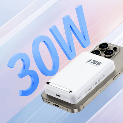 Wiwu Wi-P031 Qi2 Şarj Teknolojili LED Işık Göstergeli Standlı 30W Taşınabilir M-safe Wireless Powerbank 10.000mAh Beyaz