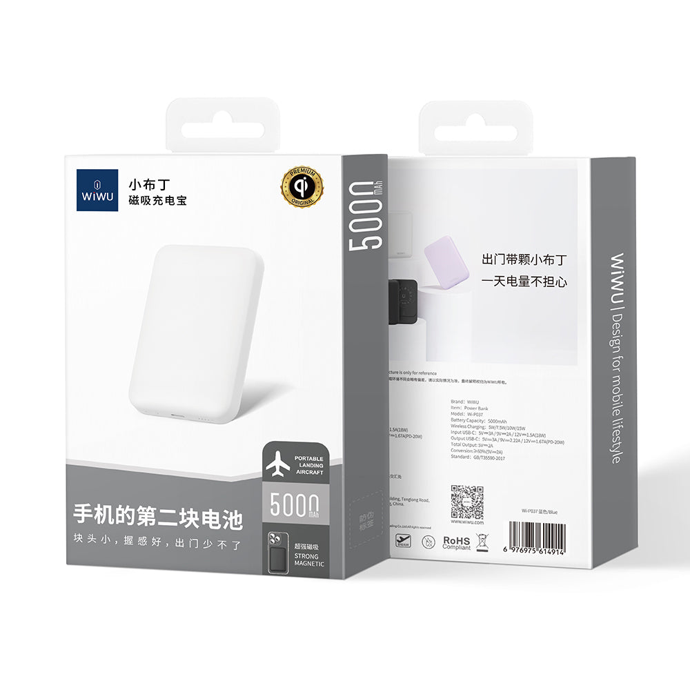 Wiwu Wi-P037 Qi Şarj Teknolojili LED Işık Göstergeli M-safe Kablosuz Powerbank 5000mAh 15W Siyah