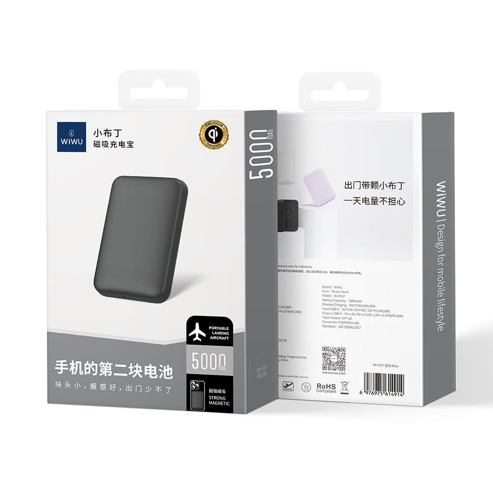 Wiwu Wi-P037 Qi Şarj Teknolojili LED Işık Göstergeli M-safe Kablosuz Powerbank 5000mAh 15W Siyah