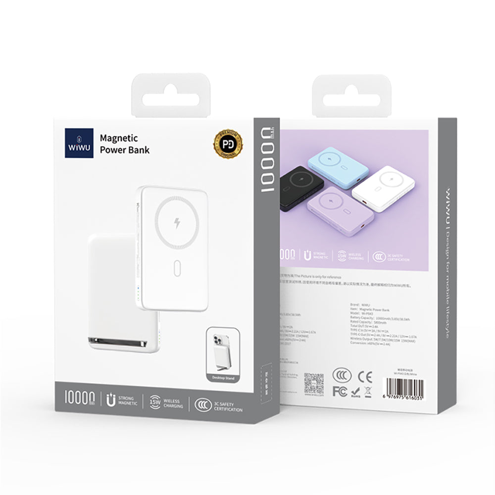 Wiwu Wi-P043 LED Işık Göstergeli Standlı Taşınabilir M-safe Wireless Powerbank 10.000mAh 15W Siyah