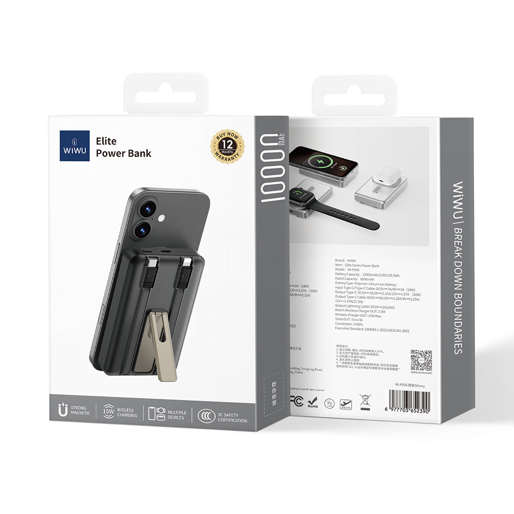 Wiwu Wi-P056 Taşınabilir Wireless Şarj ve PD Hızlı Şarj Özellikli Powerbank 15W 10000mAh Siyah