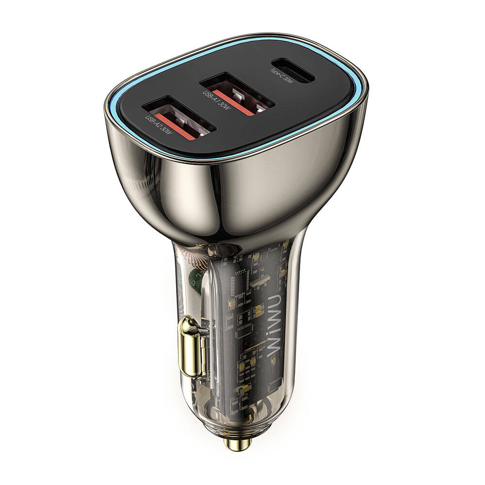 Wiwu Wi-QC013 Geek Serisi Type-C + Dual USB-A Hızlı Şarj Özellikli Transparan Tasarımlı Araç Şarj Aleti 90W Siyah