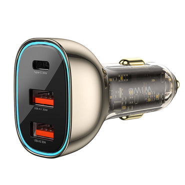 Wiwu Wi-QC013 Geek Serisi Type-C + Dual USB-A Hızlı Şarj Özellikli Transparan Tasarımlı Araç Şarj Aleti 90W Siyah