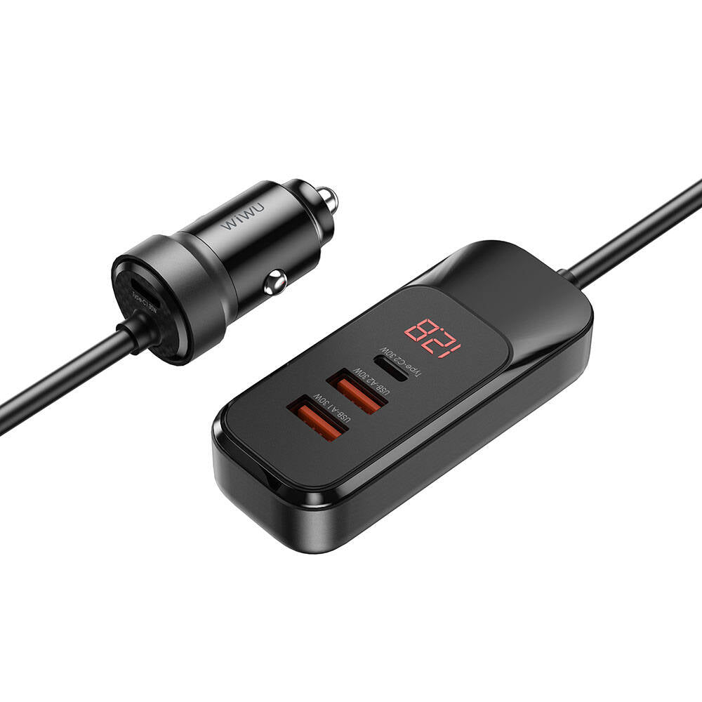 Wiwu Wi-QC015 Extend Serisi Dual Type-C + Dual USB-A Hızlı Şarj Özellikli Harici Portlu Araç Şarj Aleti 120W Siyah