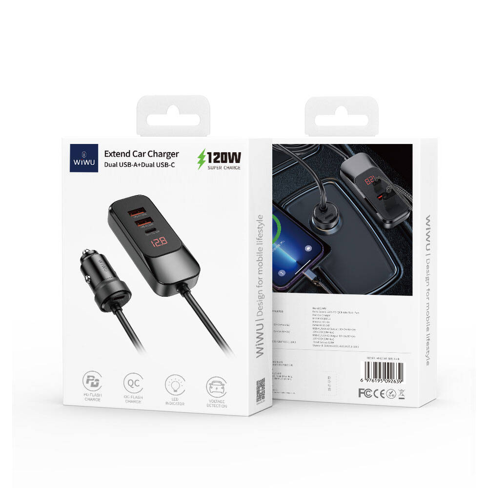Wiwu Wi-QC015 Extend Serisi Dual Type-C + Dual USB-A Hızlı Şarj Özellikli Harici Portlu Araç Şarj Aleti 120W Siyah