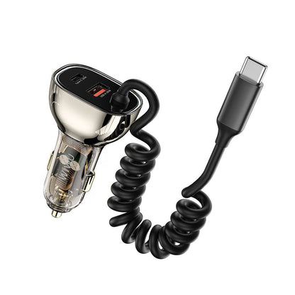 Wiwu Wi-QC016 Geek Serisi Type-C + Type-C Kablolu + USB-A Hızlı Şarj Özellikli Transparan Tasarımlı Araç Şarj Aleti 90W Siyah