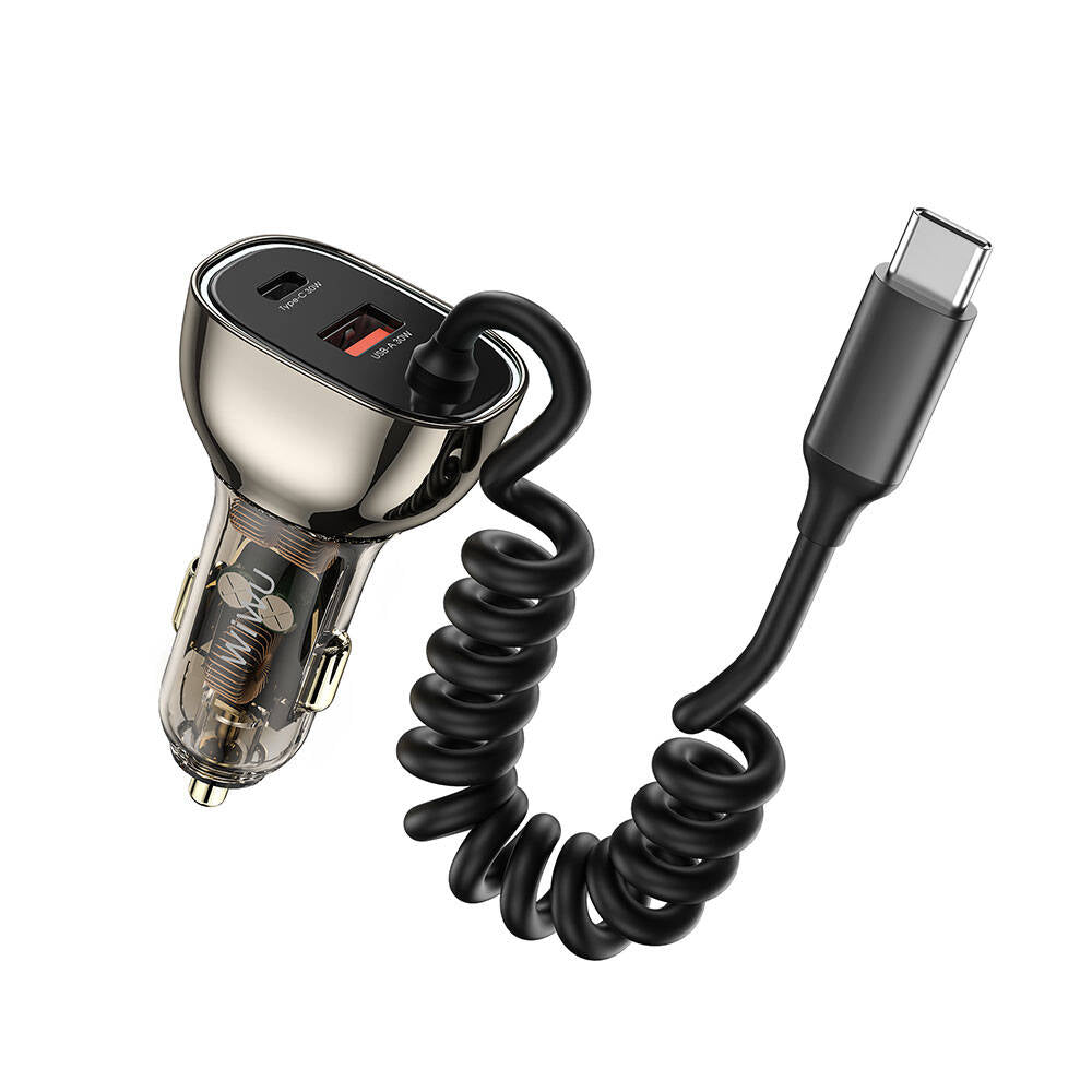 Wiwu Wi-QC016 Geek Serisi Type-C + Type-C Kablolu + USB-A Hızlı Şarj Özellikli Transparan Tasarımlı Araç Şarj Aleti 90W Siyah
