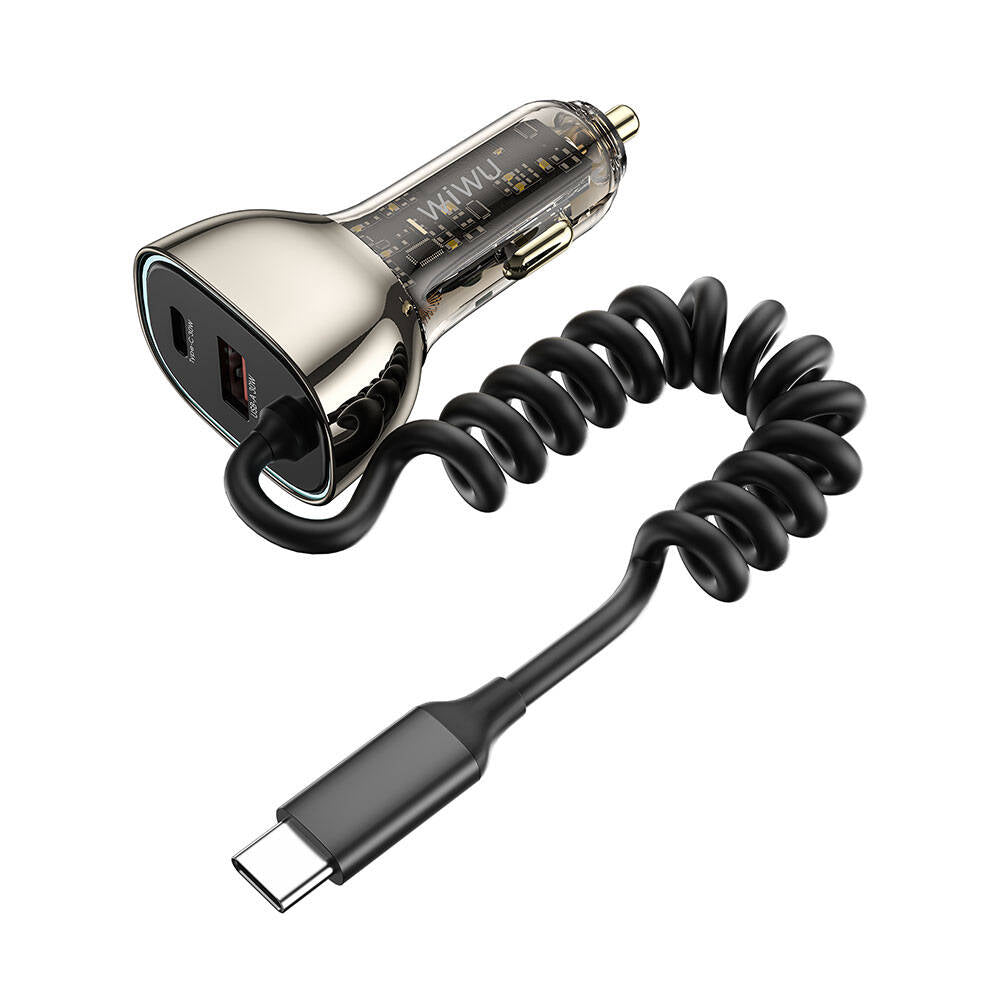 Wiwu Wi-QC016 Geek Serisi Type-C + Type-C Kablolu + USB-A Hızlı Şarj Özellikli Transparan Tasarımlı Araç Şarj Aleti 90W Siyah