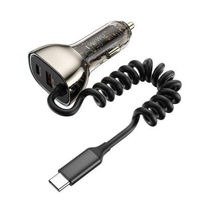 Wiwu Wi-QC016 Geek Serisi Type-C + Type-C Kablolu + USB-A Hızlı Şarj Özellikli Transparan Tasarımlı Araç Şarj Aleti 90W Siyah
