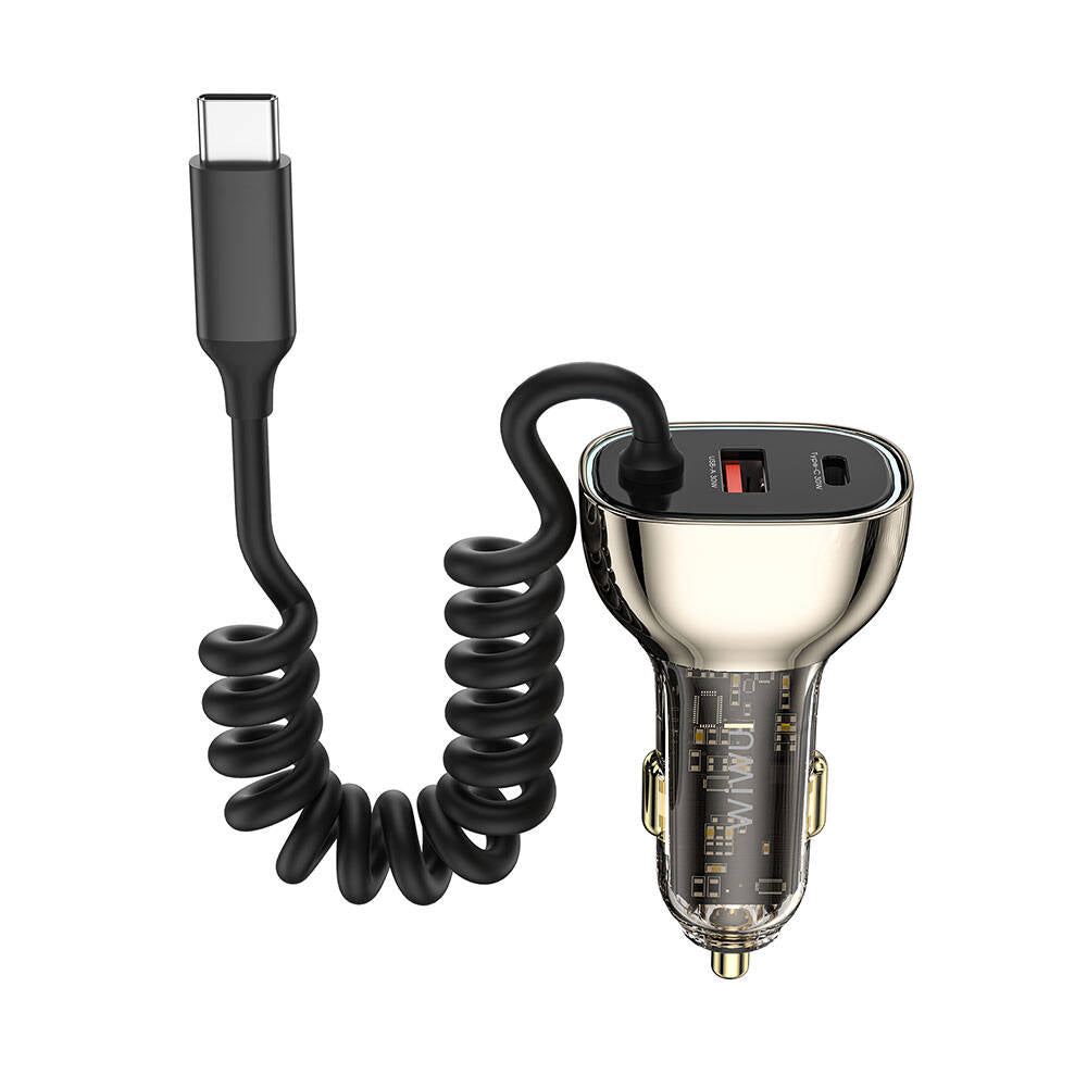 Wiwu Wi-QC016 Geek Serisi Type-C + Type-C Kablolu + USB-A Hızlı Şarj Özellikli Transparan Tasarımlı Araç Şarj Aleti 90W Siyah