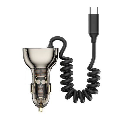 Wiwu Wi-QC016 Geek Serisi Type-C + Type-C Kablolu + USB-A Hızlı Şarj Özellikli Transparan Tasarımlı Araç Şarj Aleti 90W Siyah