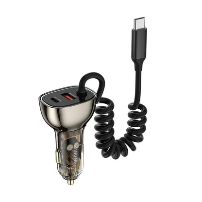 Wiwu Wi-QC016 Geek Serisi Type-C + Type-C Kablolu + USB-A Hızlı Şarj Özellikli Transparan Tasarımlı Araç Şarj Aleti 90W Siyah
