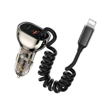 Wiwu Wi-QC019 Geek Serisi Type-C + Lightning Kablolu + USB-A Hızlı Şarj Özellikli Transparan Tasarımlı Araç Şarj Aleti 90W Siyah