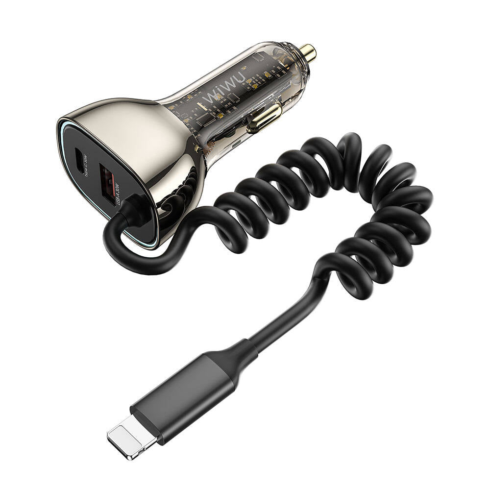 Wiwu Wi-QC019 Geek Serisi Type-C + Lightning Kablolu + USB-A Hızlı Şarj Özellikli Transparan Tasarımlı Araç Şarj Aleti 90W Siyah