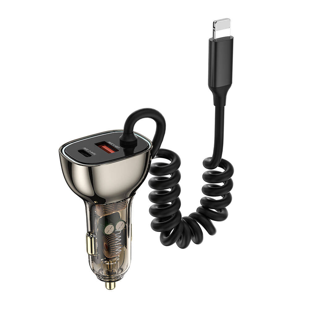Wiwu Wi-QC019 Geek Serisi Type-C + Lightning Kablolu + USB-A Hızlı Şarj Özellikli Transparan Tasarımlı Araç Şarj Aleti 90W Siyah