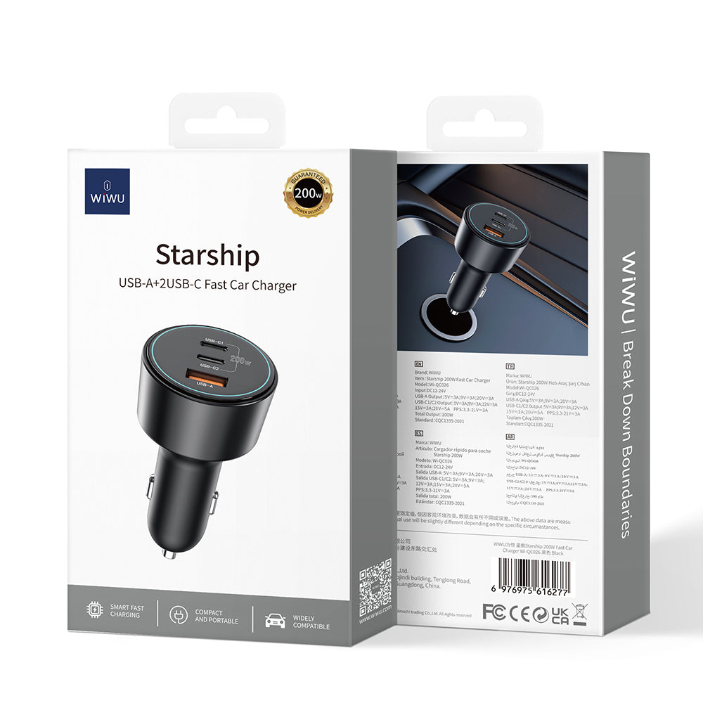 Wiwu Wi-QC026 Starship Serisi Hızlı Şarj Özellikli Dual Type-C + USB-A Portlu Araç Şarj Aleti 200W Siyah