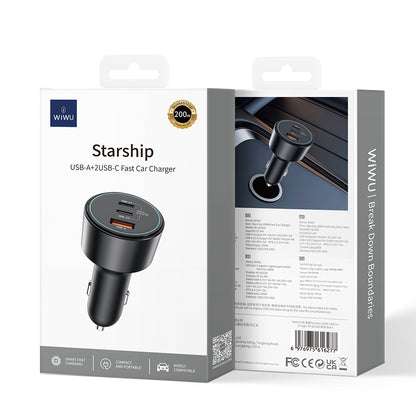 Wiwu Wi-QC026 Starship Serisi Hızlı Şarj Özellikli Dual Type-C + USB-A Portlu Araç Şarj Aleti 200W Siyah