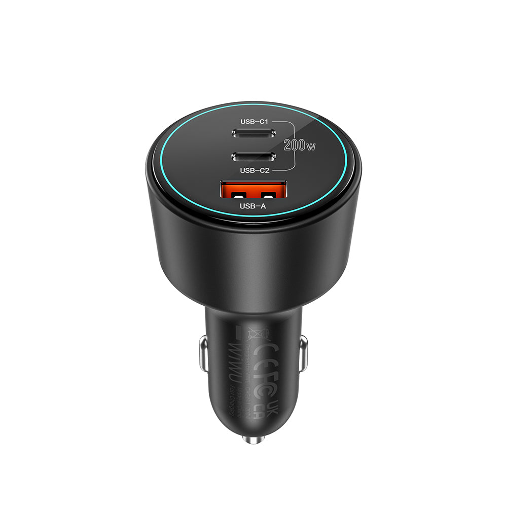 Wiwu Wi-QC026 Starship Serisi Hızlı Şarj Özellikli Dual Type-C + USB-A Portlu Araç Şarj Aleti 200W Siyah