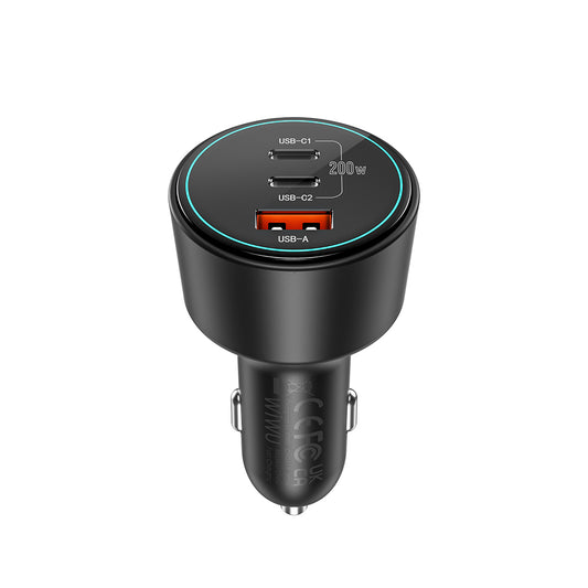 Wiwu Wi-QC026 Starship Serisi Hızlı Şarj Özellikli Dual Type-C + USB-A Portlu Araç Şarj Aleti 200W Siyah