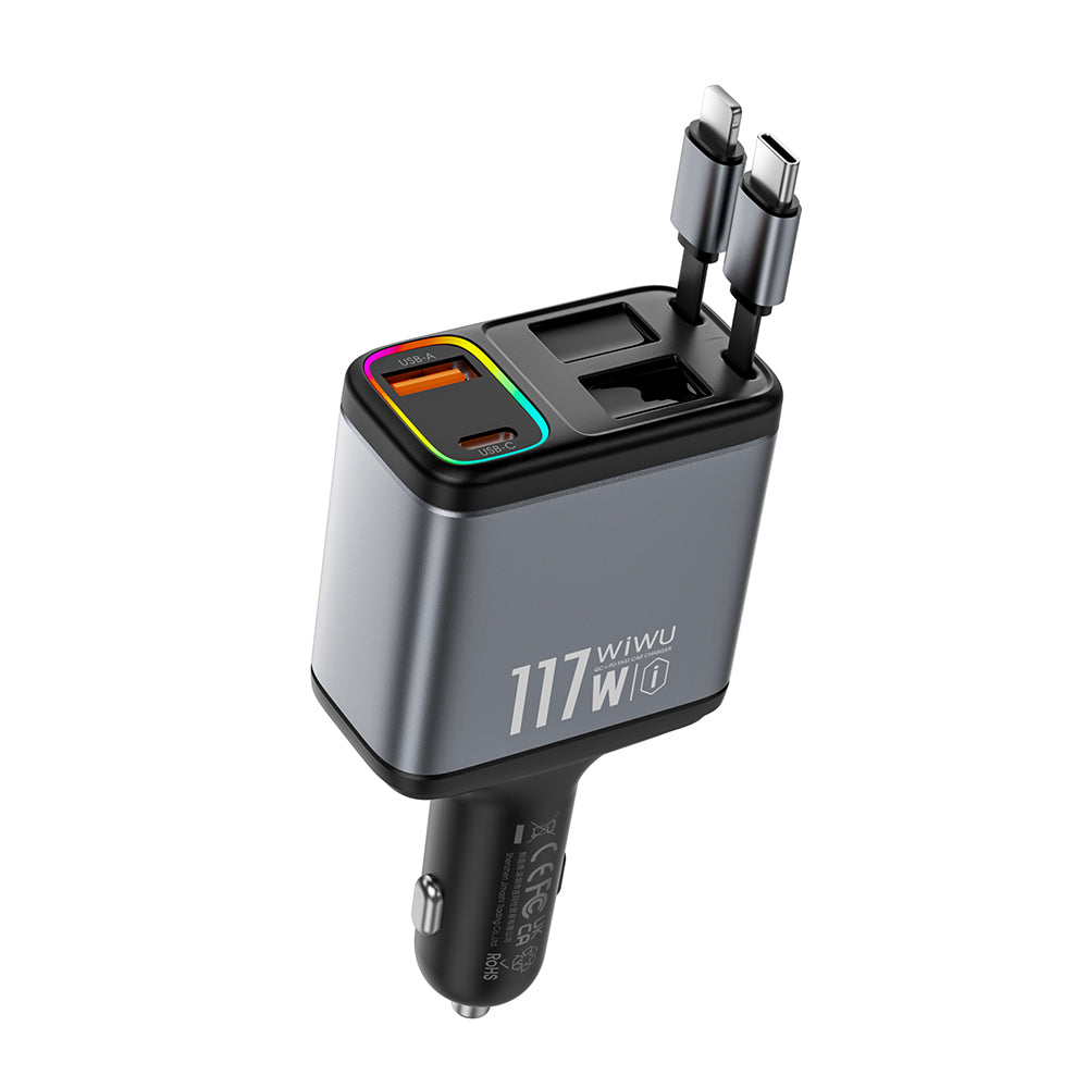Wiwu Wi-QC027 Exeed Serisi Type-C&Lightning Kablolu + USB-A Hızlı Şarj Özellikli Led Göstergeli Araç Şarj Aleti 117W Füme