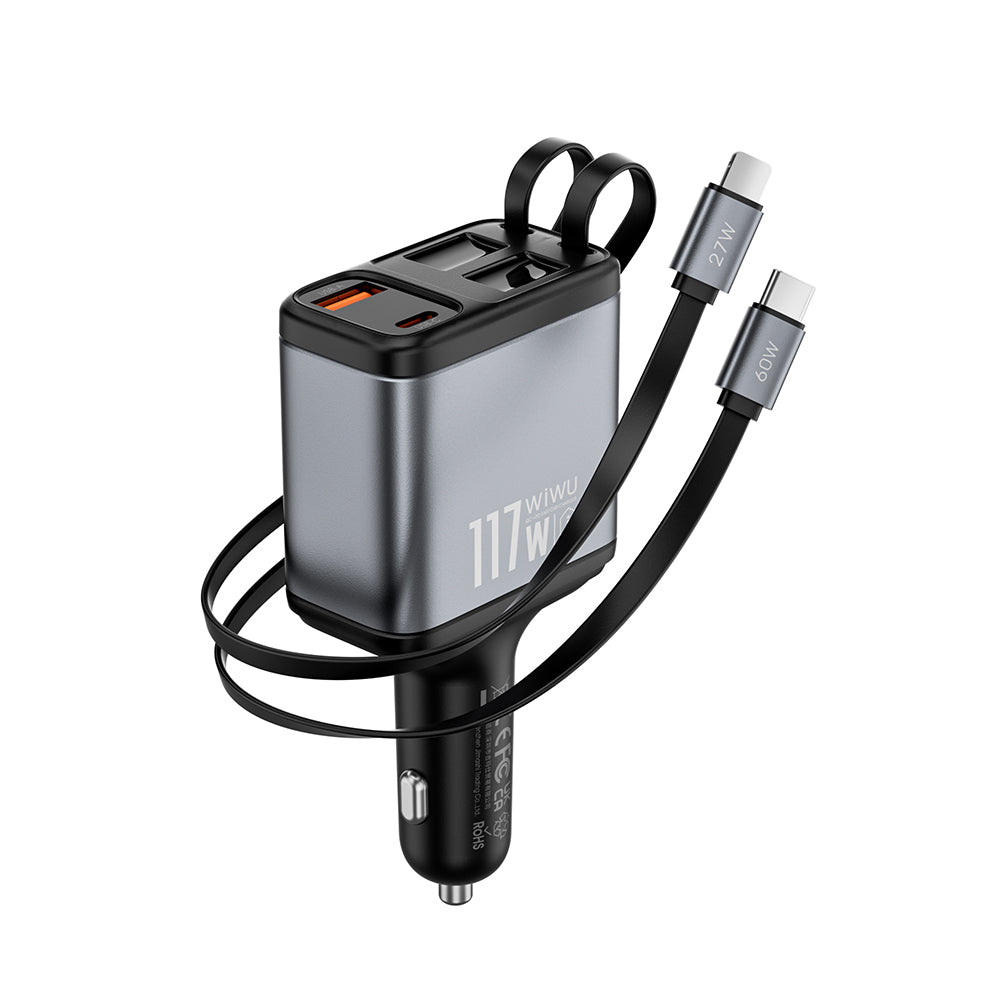 Wiwu Wi-QC027 Exeed Serisi Type-C&Lightning Kablolu + USB-A Hızlı Şarj Özellikli Led Göstergeli Araç Şarj Aleti 117W Füme