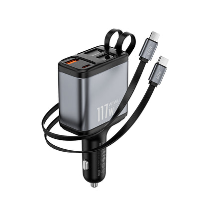 Wiwu Wi-QC027 Exeed Serisi Type-C&Lightning Kablolu + USB-A Hızlı Şarj Özellikli Led Göstergeli Araç Şarj Aleti 117W Füme