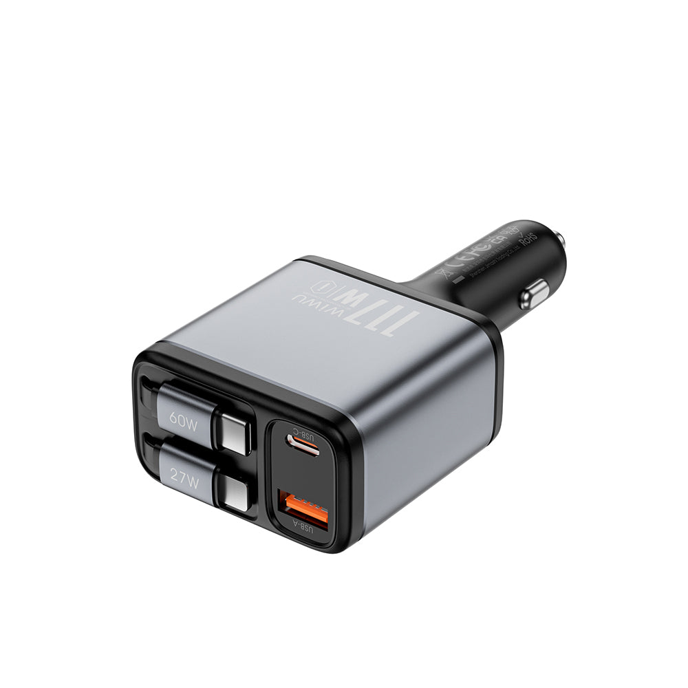 Wiwu Wi-QC027 Exeed Serisi Type-C&Lightning Kablolu + USB-A Hızlı Şarj Özellikli Led Göstergeli Araç Şarj Aleti 117W Füme