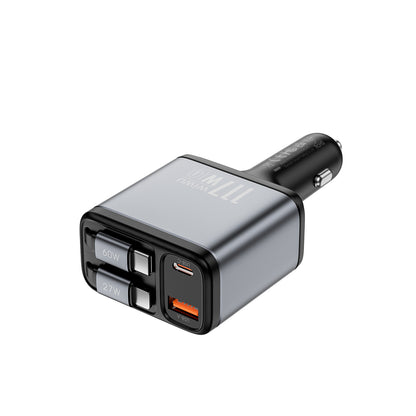 Wiwu Wi-QC027 Exeed Serisi Type-C&Lightning Kablolu + USB-A Hızlı Şarj Özellikli Led Göstergeli Araç Şarj Aleti 117W Füme