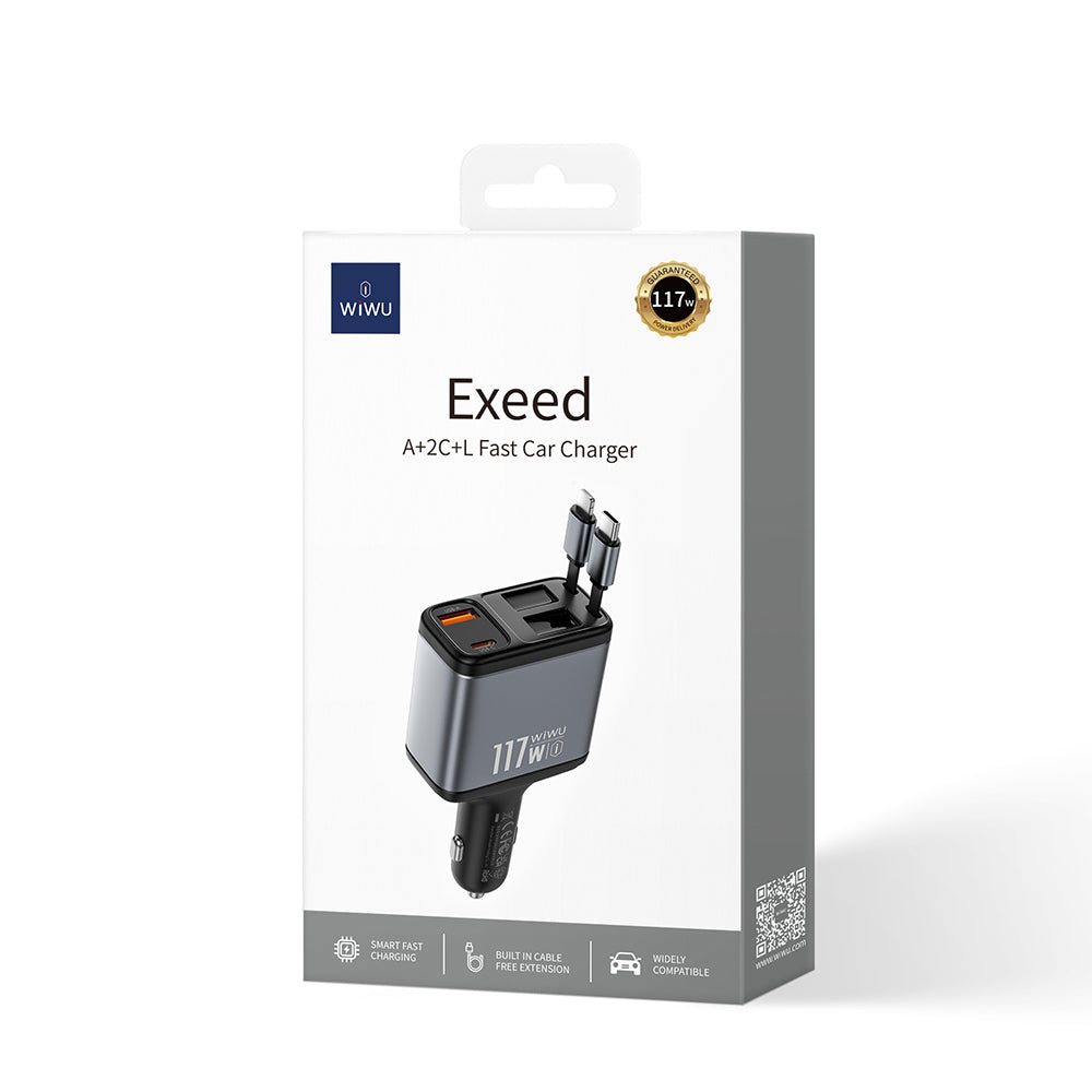 Wiwu Wi-QC027 Exeed Serisi Type-C&Lightning Kablolu + USB-A Hızlı Şarj Özellikli Led Göstergeli Araç Şarj Aleti 117W Füme