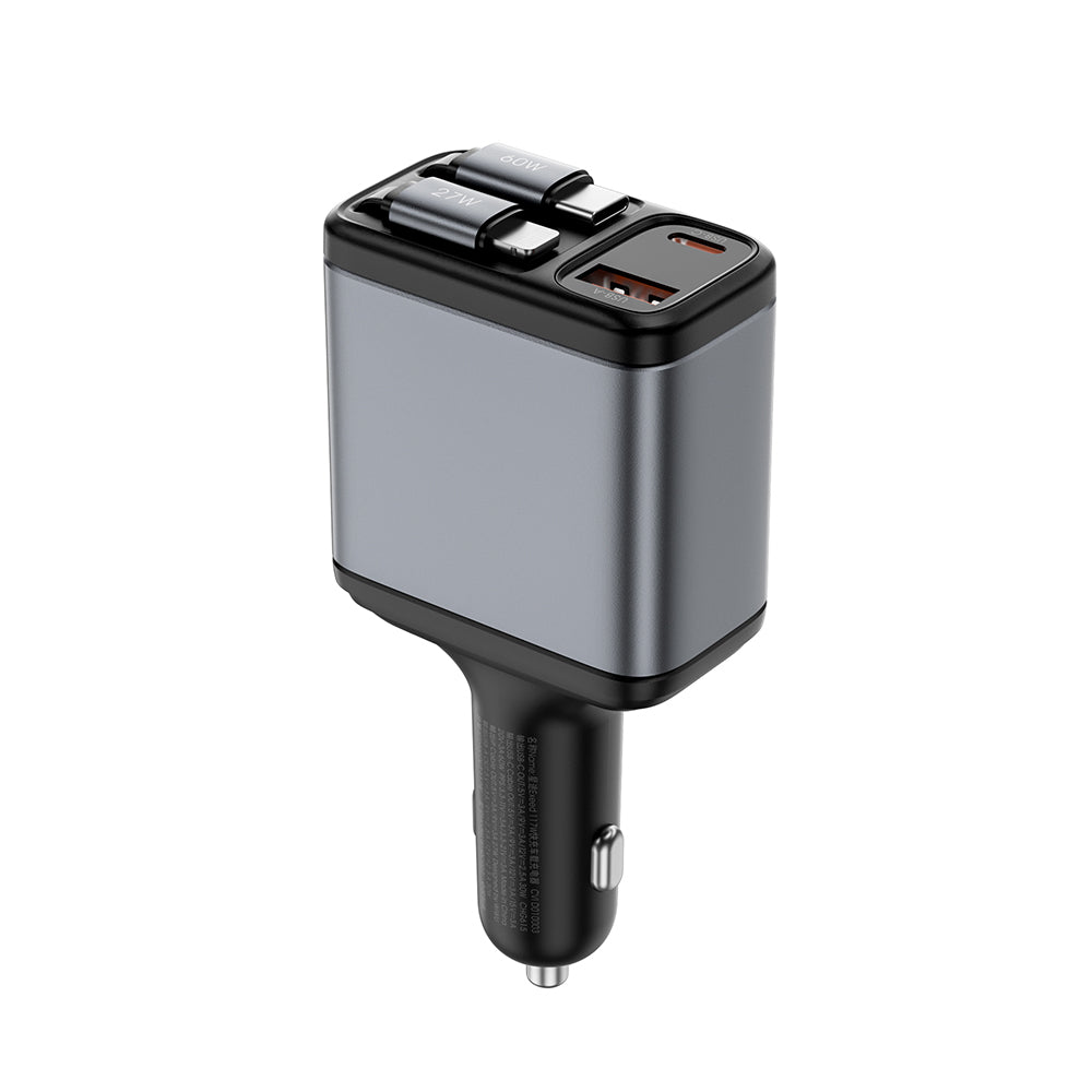 Wiwu Wi-QC027 Exeed Serisi Type-C&Lightning Kablolu + USB-A Hızlı Şarj Özellikli Led Göstergeli Araç Şarj Aleti 117W Füme