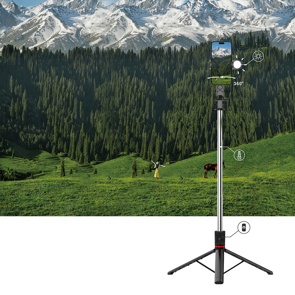 Wiwu Wi-SE015 Canlı Yayın Dolgu Işıklı Teleskopik Tripod ve Selfie Çubuğu Siyah