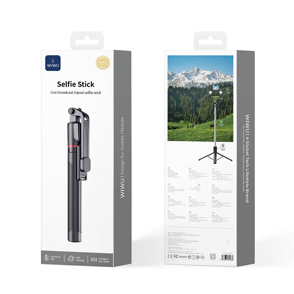 Wiwu Wi-SE015 Canlı Yayın Dolgu Işıklı Teleskopik Tripod ve Selfie Çubuğu Siyah