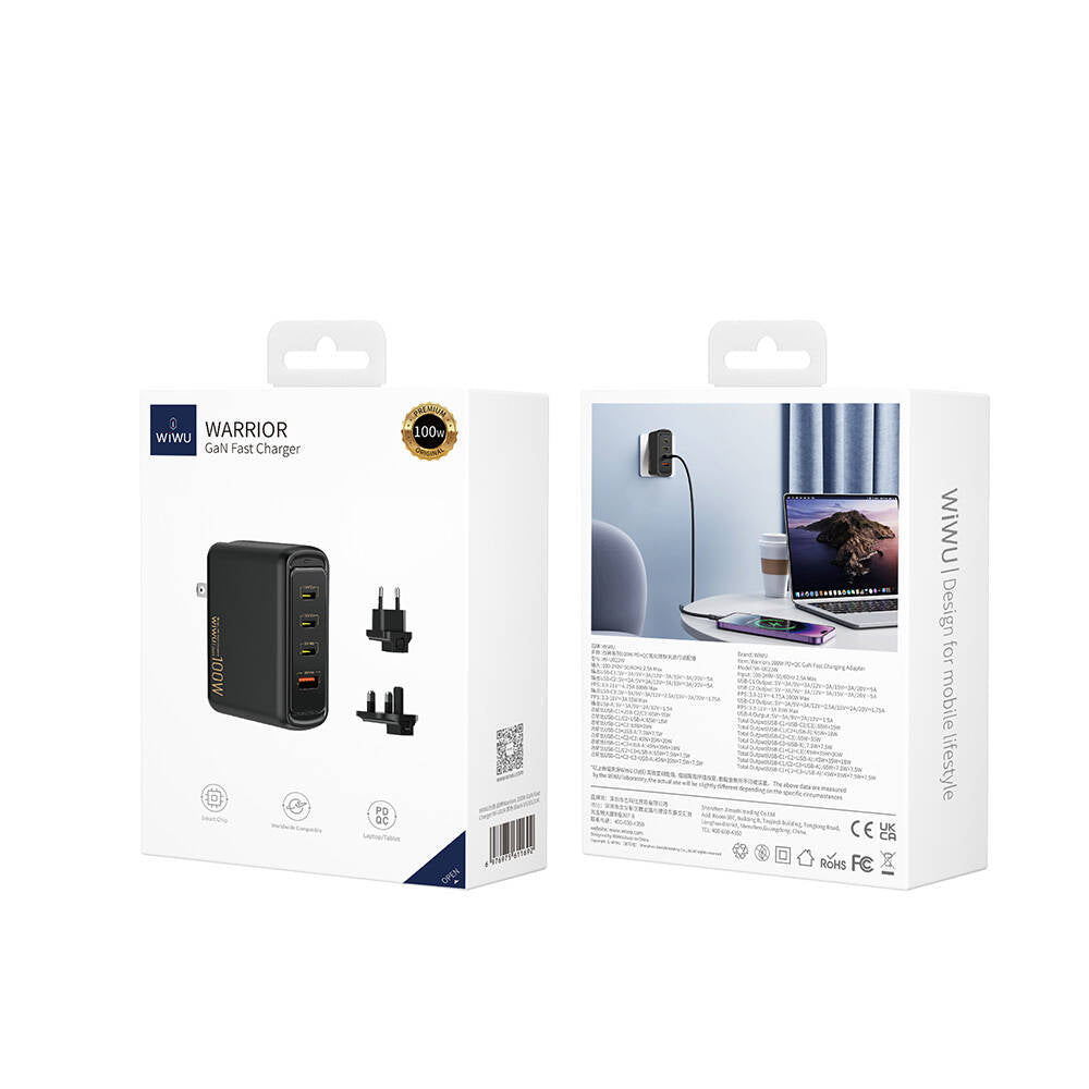 Wiwu Wi-U022W Warrior Series GaN Technology 100W QC+PD Universal Fast Charging Head Black
