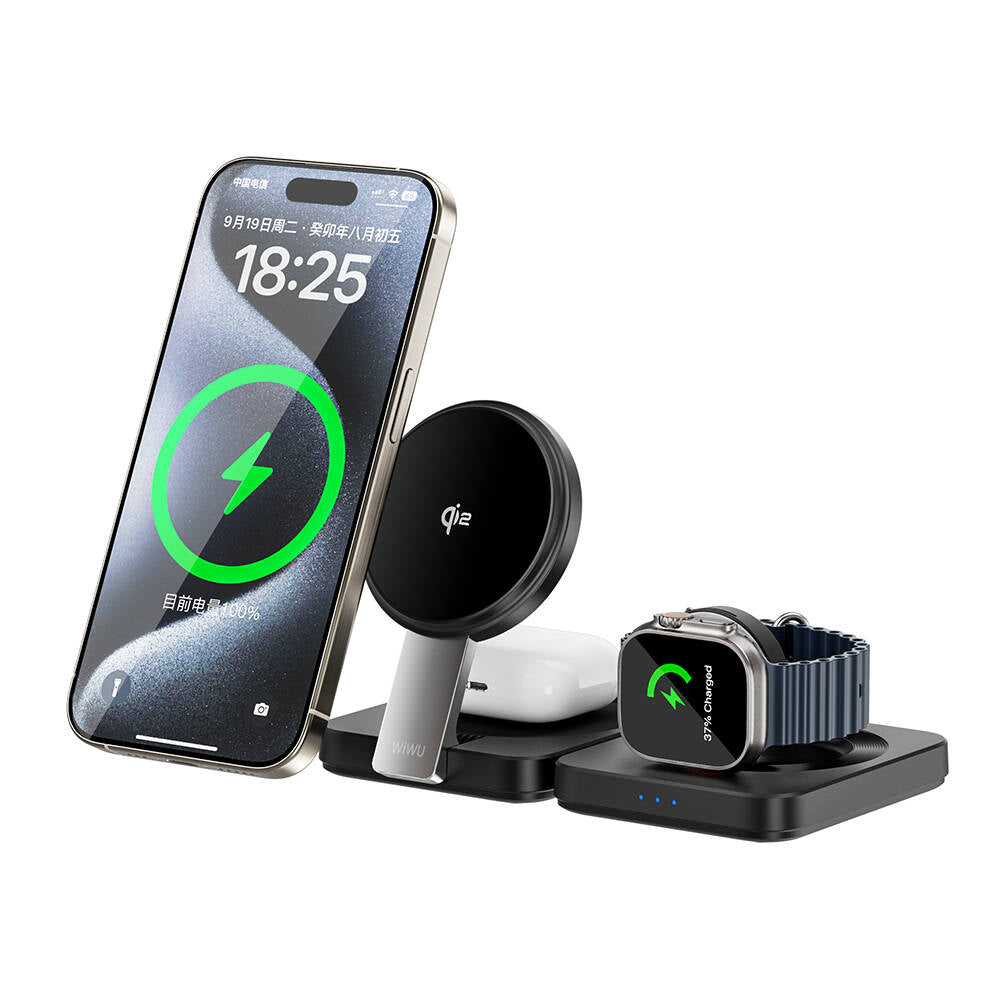 Wiwu Wi-W028 Qi2 Charging Technology Foldable LED Light Display 3in1 Wireless Charging Stand Black 