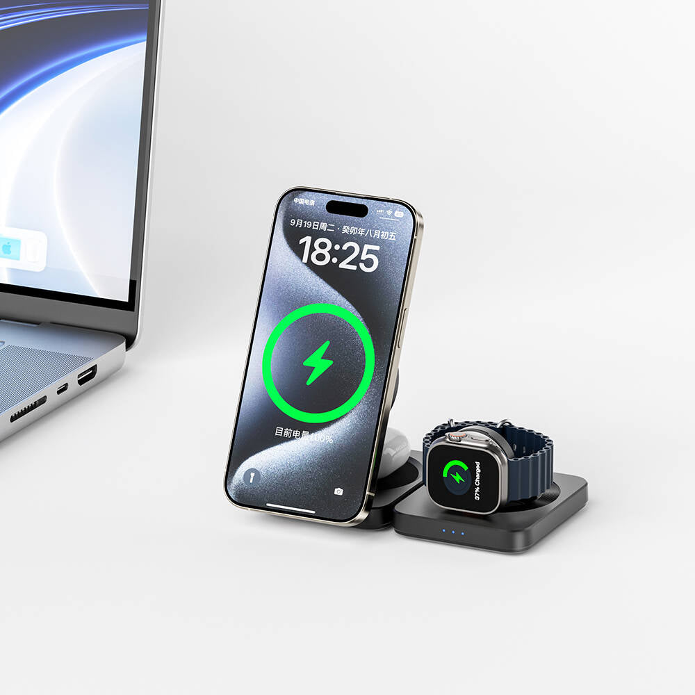 Wiwu Wi-W028 Qi2 Charging Technology Foldable LED Light Display 3in1 Wireless Charging Stand Black 