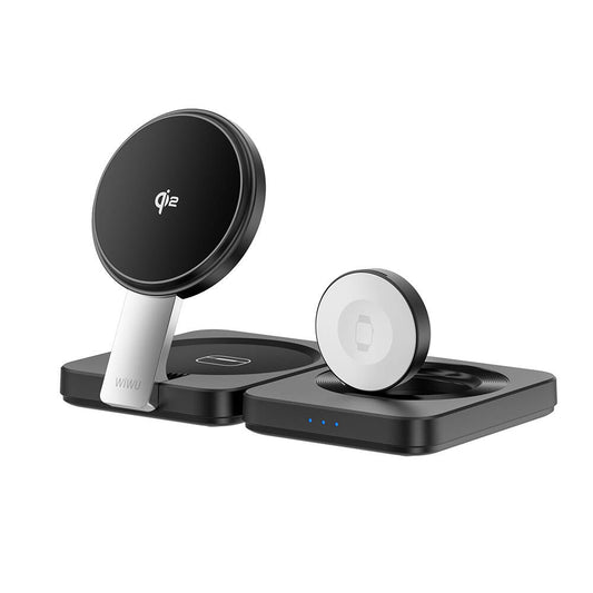 Wiwu Wi-W028 Qi2 Charging Technology Foldable LED Light Display 3in1 Wireless Charging Stand Black 