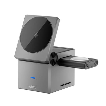 Wiwu Wi-W030 Small Square Cube Design 15W 3in1 Wireless Charging Stand for Phones &amp; Smartwatches &amp; Headphones Gray 