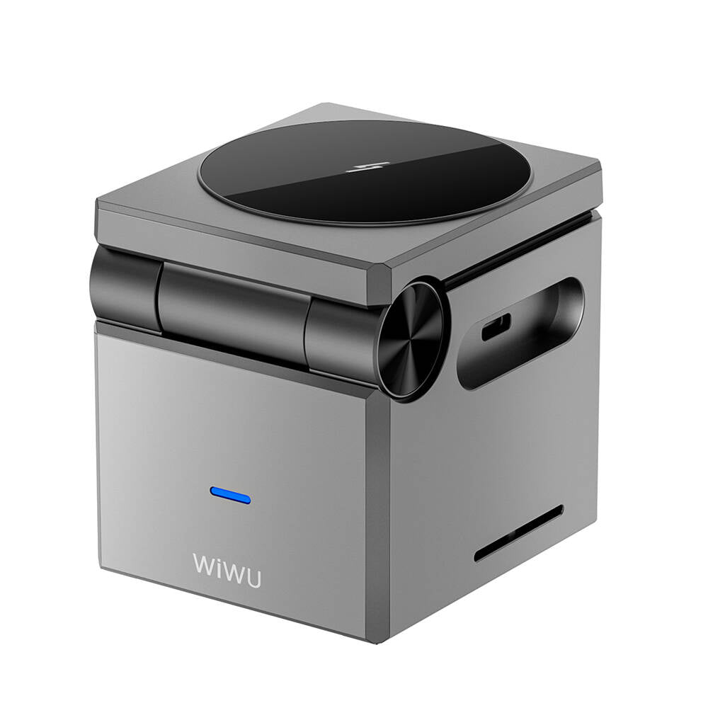 Wiwu Wi-W030 Small Square Cube Design 15W 3in1 Wireless Charging Stand for Phones &amp; Smartwatches &amp; Headphones Gray 