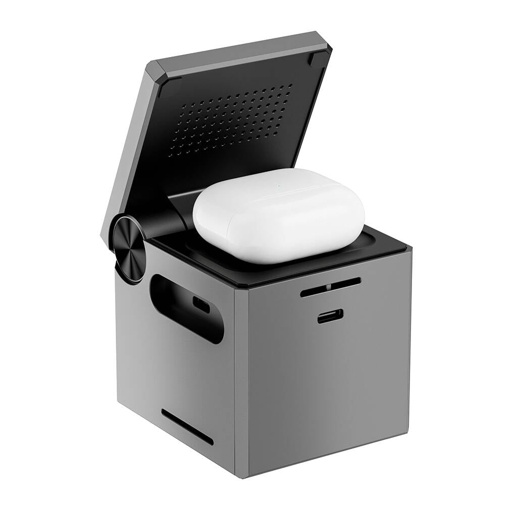 Wiwu Wi-W030 Small Square Cube Design 15W 3in1 Wireless Charging Stand for Phones &amp; Smartwatches &amp; Headphones Gray 